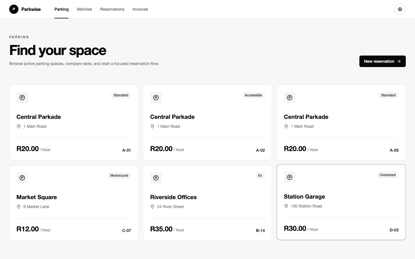 Parkwise parking inventory with space types, locations and hourly prices